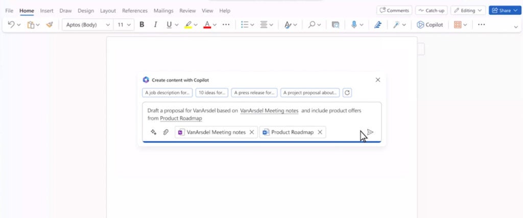 When using Copilot in Microsoft Word, users can create content based on attachments.